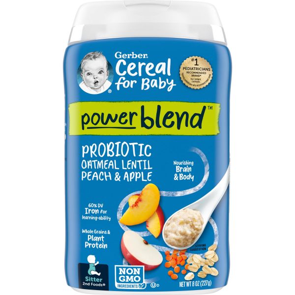 GERBER CEREAL FOR BABY POWDER BLEND PROBIOTIC OATMEAL LENTIL PEACH & APPLE 8OZ