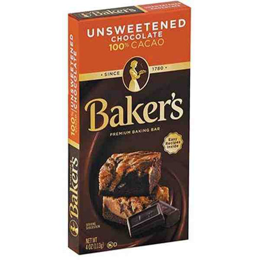 BAKERS UNSWEETENED 100% CACAO BAKING CHOCOLATE BAR 4oz
